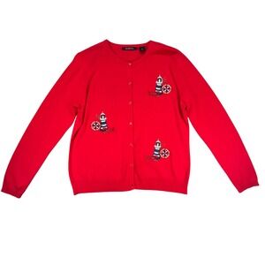 K.B. Collections Nautical Lighthouse Embroidered Cardigan Sweater Red‎ Medium